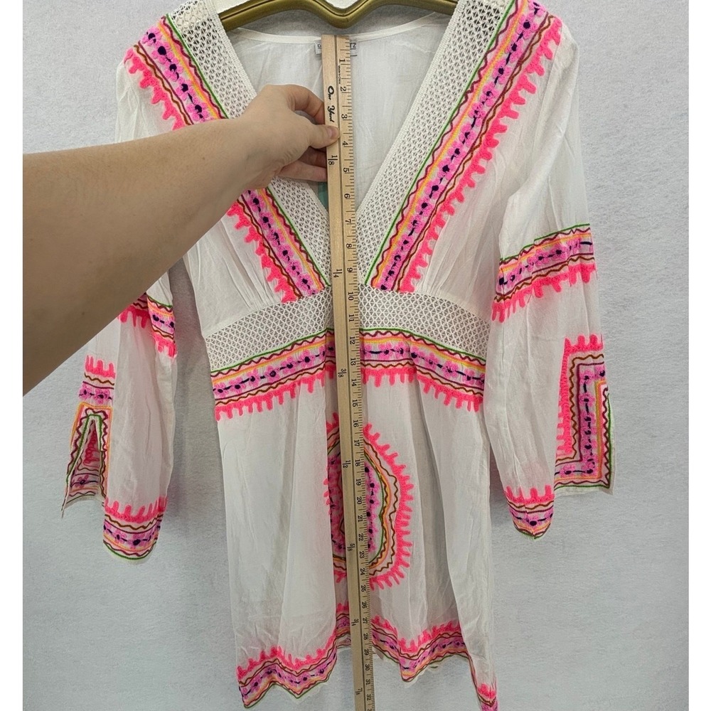 Debbie Katz Cover Up Mini Dress XS White Pink Summer Boho Beach Vacation - Picture 11 of 14